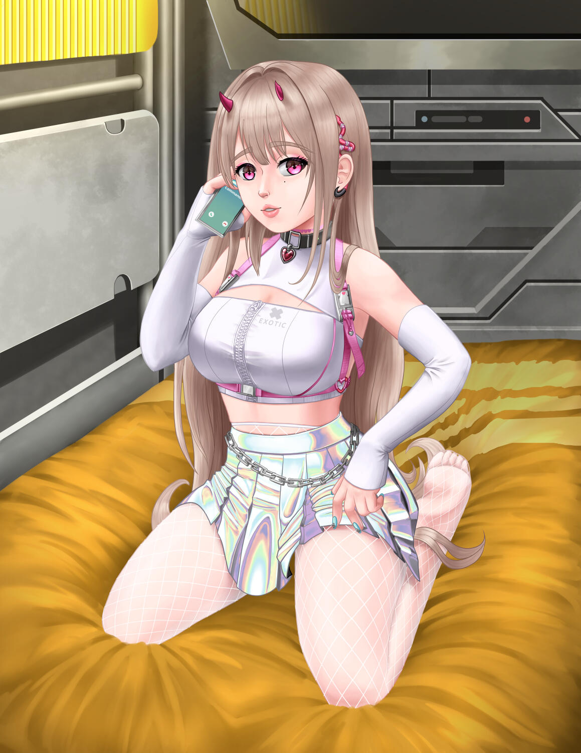 Viper from Nikke: Goddess of Victory. She is sitting on a bed (the Commander's, perhaps?), making a phone call and slyly pulling up her skirt.