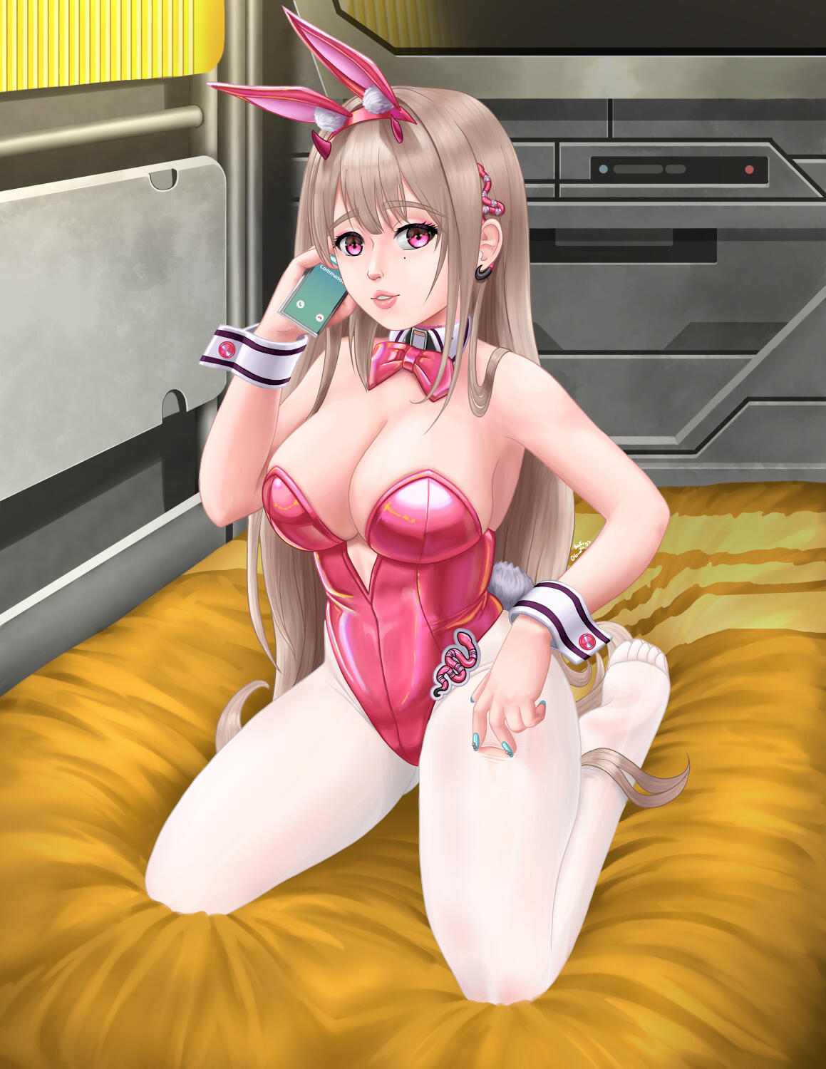 Viper from Nikke: Goddess of Victory, in her Toxic Rabbit bunnysuit.. She is sitting on a bed (the Commander's, perhaps?), making a phone call and slyly ripping a hole in her stockings.