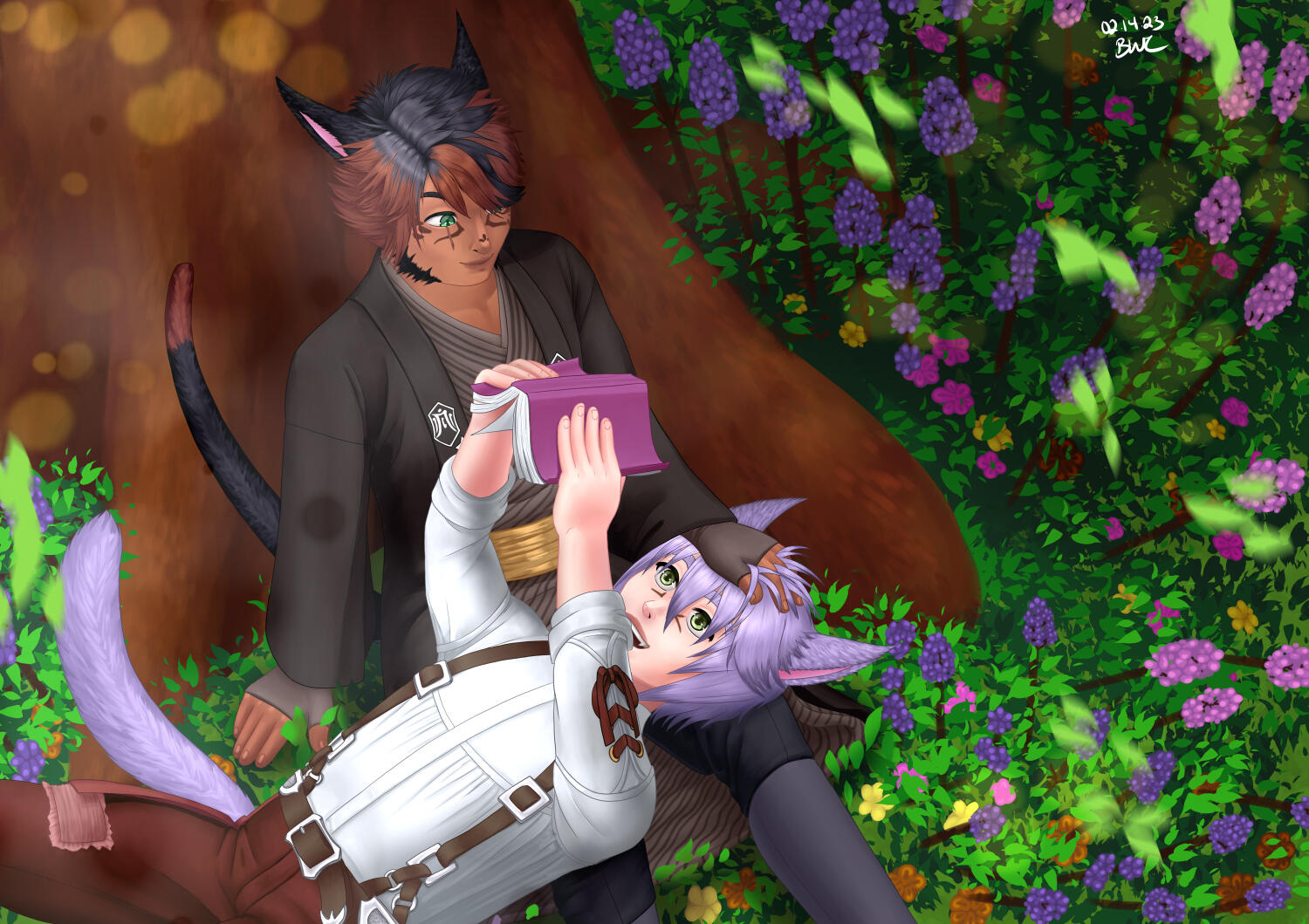 Valentine's Day 2023. A drawing of Alkahest and Raye in the Lavender Beds, enjoying a sunny day outside. Alkahest is laying in Raye's lap, reading a book happily and telling Raye about it, while Raye ruffles Alkahest's hair.