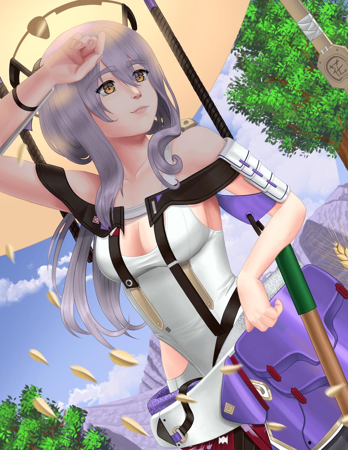 Scarlet from Nikke: Goddess of Victory. She is standing with one arm resting on the handle of a hoe, with the other arm wiping sweat from her brow as she looks into the distance, presumably over crops she just planted.