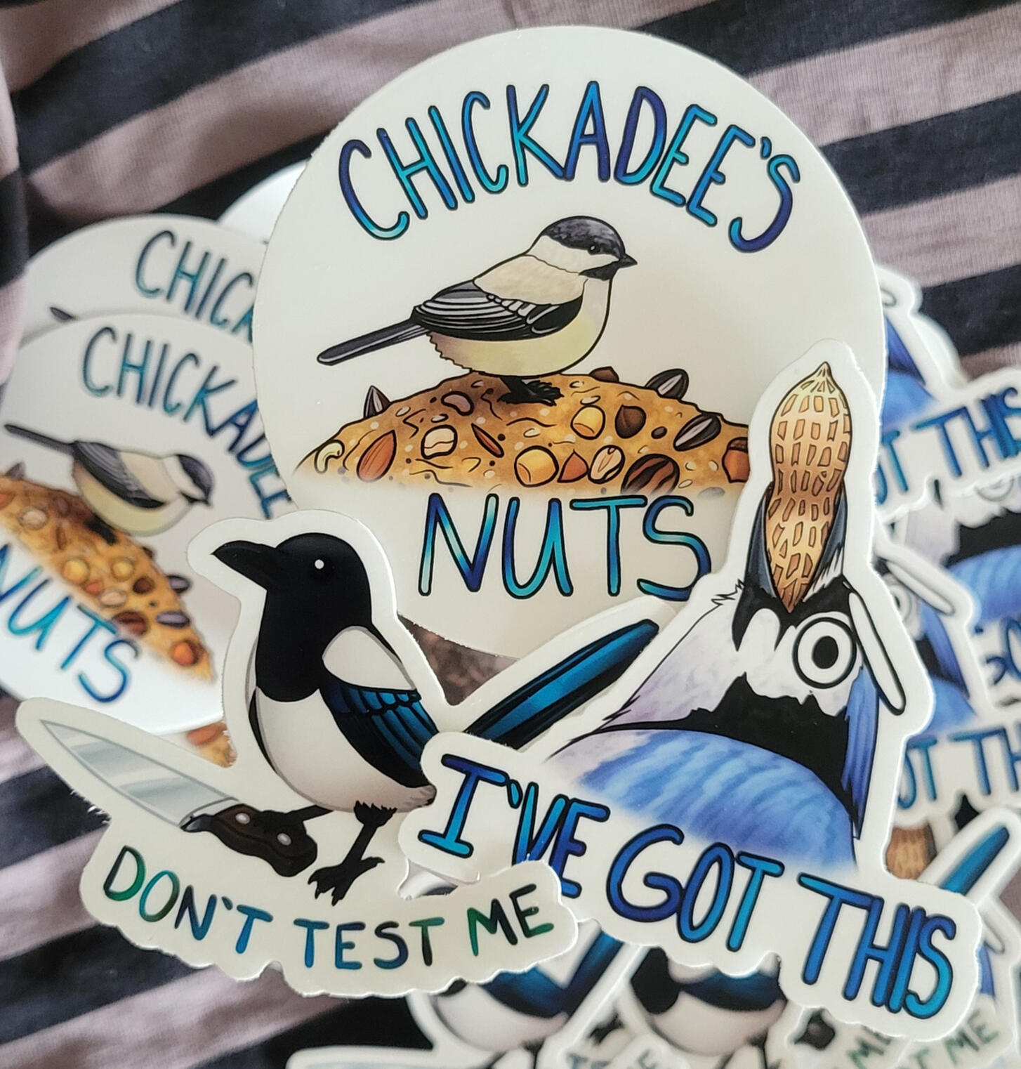 Silly bird 3" vinyl stickers, featuring Chickadee's Nuts, Don't Test Me, and I've Got This