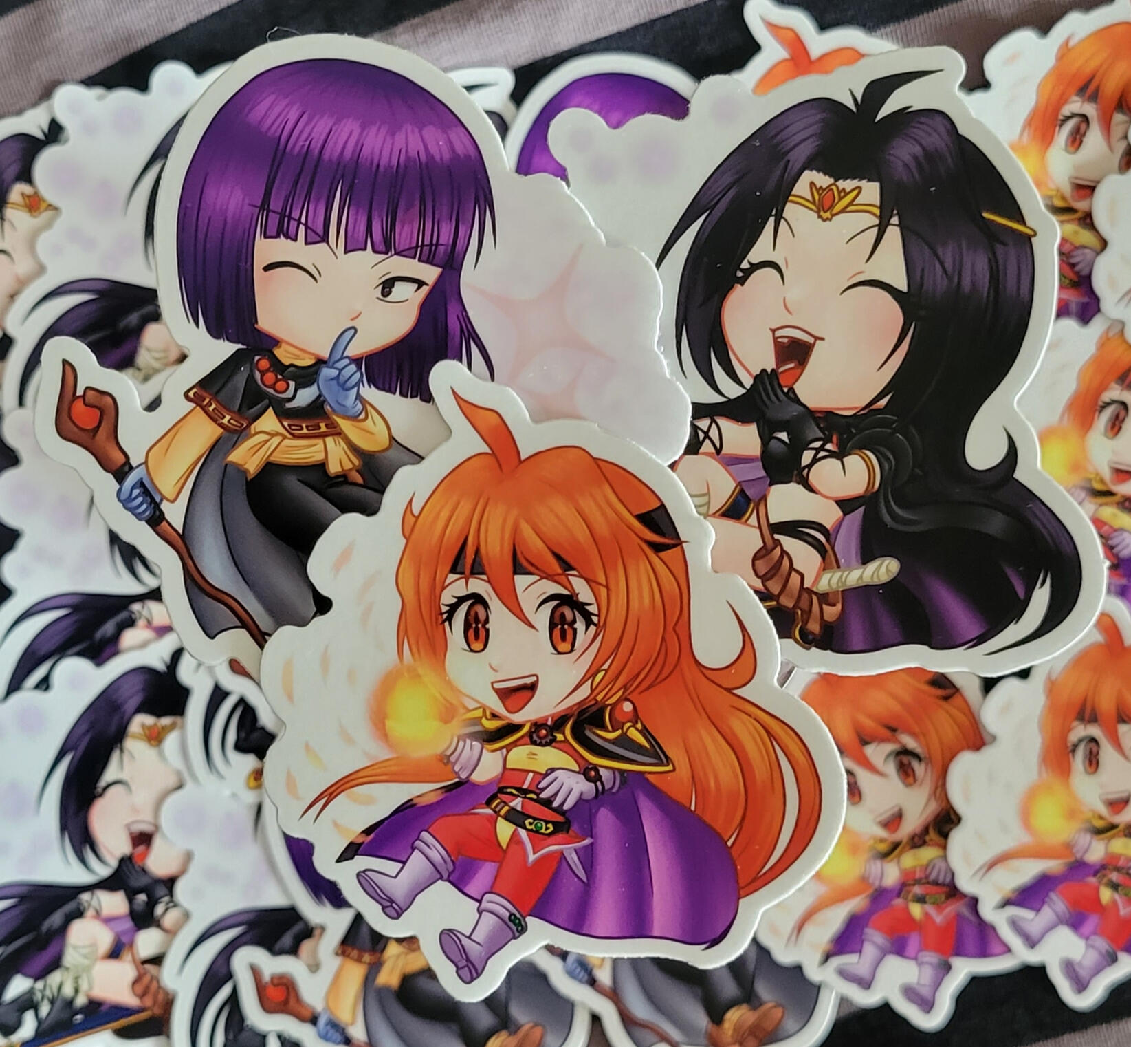 Slayers 3" vinyl stickers featuring Lina Inverse, Naga the Serpent, and Xelloss Metallum