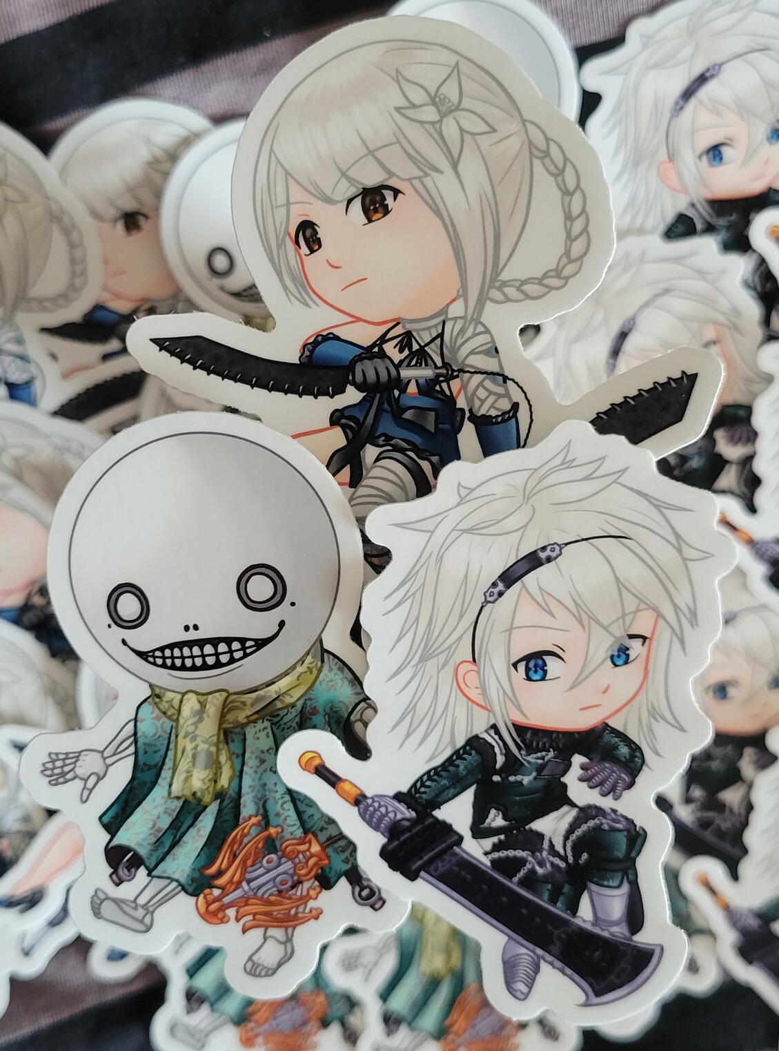 NieR: Replicant 3" vinyl stickers, featuring Kaine, Brother NieR, and Emil